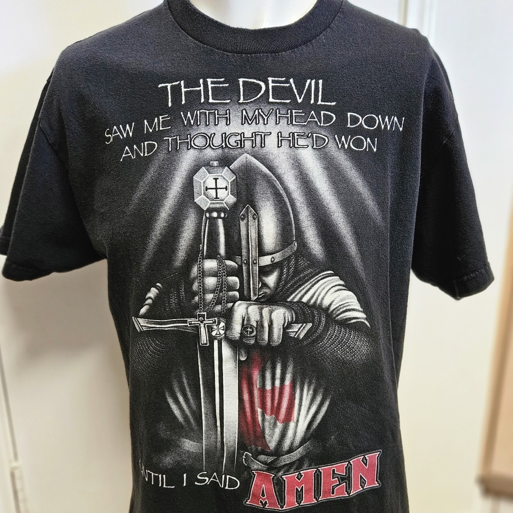 "Devil Saw Me With My Head Down" Men's Sz-L, Black T-Shirt (Inspirational)